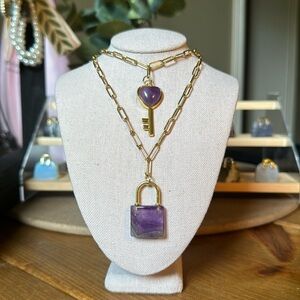 Amethyst Crystal Lock & Key Set Paper Clip Chain Necklace